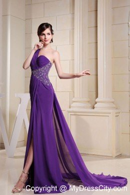 High Slit One Shoulder Beaded Ruching Chiffon Purple Prom Dresses