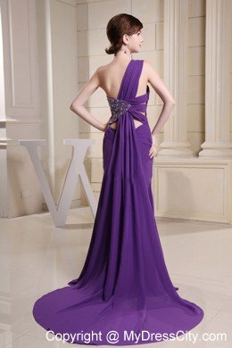 High Slit One Shoulder Beaded Ruching Chiffon Purple Prom Dresses