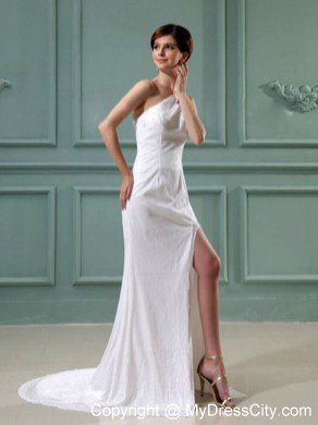 One Shoulder High Slit Chiffon Court Train Prom Dress with Ruching