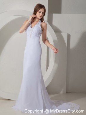 Halter Beaded Court Train Chiffon 2013 White Prom Dresses