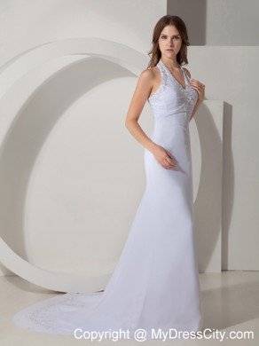 Halter Beaded Court Train Chiffon 2013 White Prom Dresses