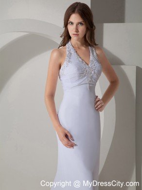 Halter Beaded Court Train Chiffon 2013 White Prom Dresses