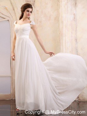 Chiffon Empire Ruching Square 2013 Prom Dresses With Cap Sleeves