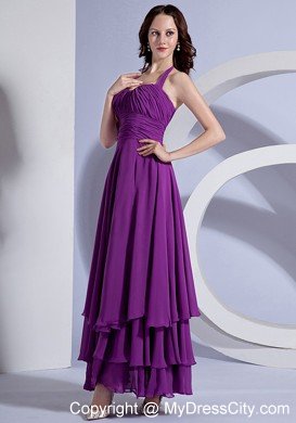 Simple Ruching Halter Ankle-length Purple Chiffon 2013 Prom Dress