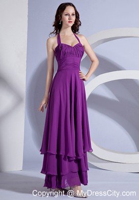 Simple Ruching Halter Ankle-length Purple Chiffon 2013 Prom Dress