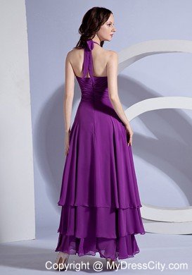 Simple Ruching Halter Ankle-length Purple Chiffon 2013 Prom Dress