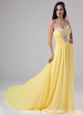 Beaded Chiffon Empire Sweetheart Brush Train Yellow Prom Dresses