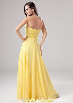 Empire Ruching Beaded Sweetheart Yellow Chiffon Prom Dresses