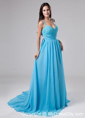 Empire Spaghetti Straps Court Train Aqua Blue Chiffon Prom Dress