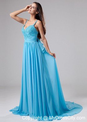 Empire Spaghetti Straps Court Train Aqua Blue Chiffon Prom Dress