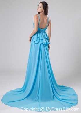 Empire Spaghetti Straps Court Train Aqua Blue Chiffon Prom Dress