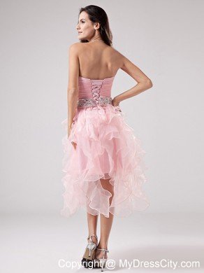 Beaded Sweetheart Ruffles Organza Asymmetrical Baby Pink Prom Dress