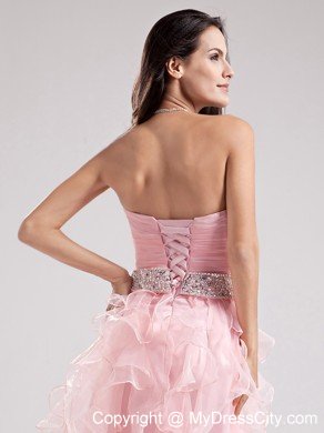 Beaded Sweetheart Ruffles Organza Asymmetrical Baby Pink Prom Dress