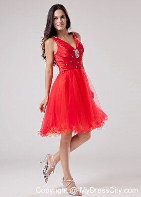 Beaded Organza Ruching V-neck 2013 Short Red Prom Dress