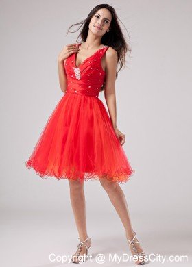 Beaded Organza Ruching V-neck 2013 Short Red Prom Dress