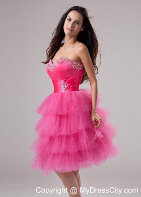 Tulle Ruffled Layers Sweetheart Beaded Hot Pink Prom Dress for Girls