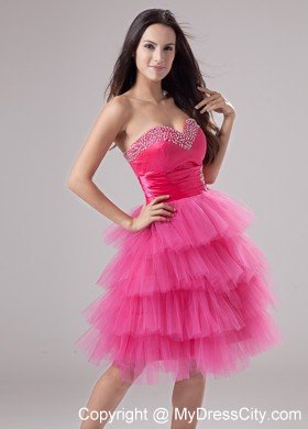 Tulle Ruffled Layers Sweetheart Beaded Hot Pink Prom Dress for Girls