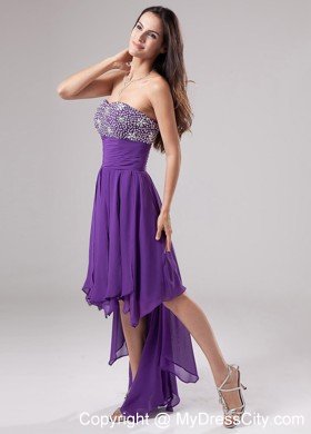 Strapless Beaded Chiffon Ruching High Low Purple Prom Dress