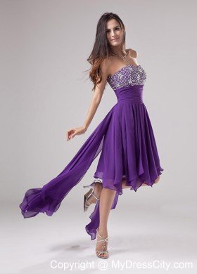 Strapless Beaded Chiffon Ruching High Low Purple Prom Dress