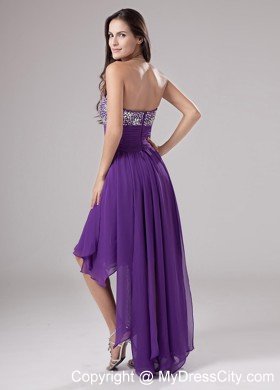 Strapless Beaded Chiffon Ruching High Low Purple Prom Dress