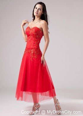 Ankle length Tulle Sweetheart Appliques With Beading Red Prom Dress