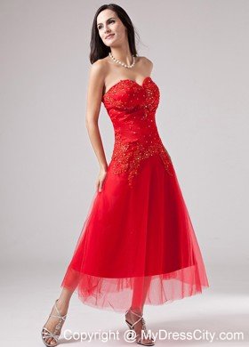 Ankle length Tulle Sweetheart Appliques With Beading Red Prom Dress