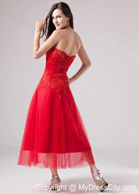 Ankle length Tulle Sweetheart Appliques With Beading Red Prom Dress