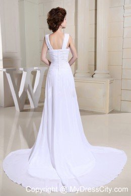 High Slut Straps Ruched Court Train White Prom Dress with Cut Outs