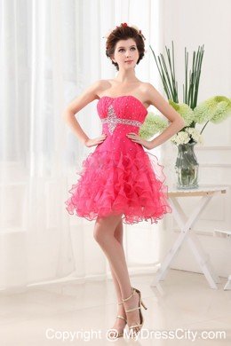 Beaded Ruffled Layers Hot Pink Short Prom Dress With Ruching