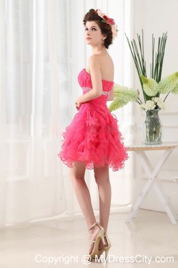 Beaded Ruffled Layers Hot Pink Short Prom Dress With Ruching