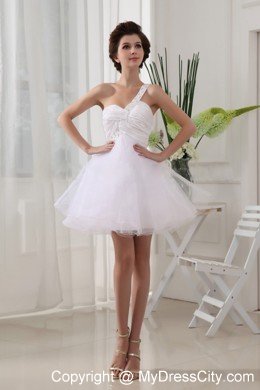 Organza Beaded One Shoulder Ruching For White Short Prom Dress