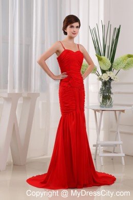 Mermaid Spaghetti Straps Red Chiffon Brush Ruched Dress for Prom