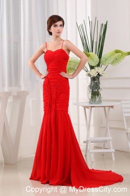 Mermaid Spaghetti Straps Red Chiffon Brush Ruched Dress for Prom