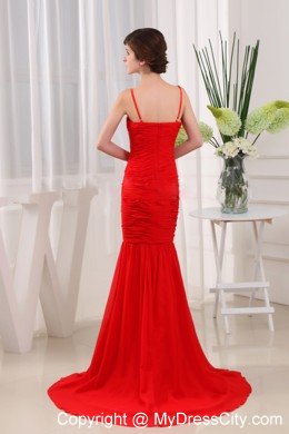 Mermaid Spaghetti Straps Red Chiffon Brush Ruched Dress for Prom