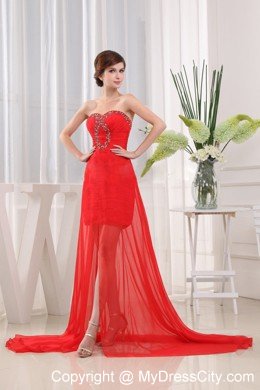 Sweet Red Beading and Ruches Prom Dress with Brush Train