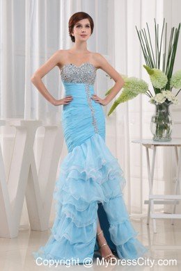 Aqua Blue Beaded Decorate and Ruffled Prom Party Dress