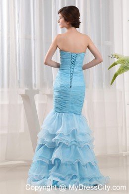 Aqua Blue Beaded Decorate and Ruffled Prom Party Dress