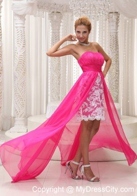 Hot Pink High-low Chiffon and Lace Prom Dress For 2013