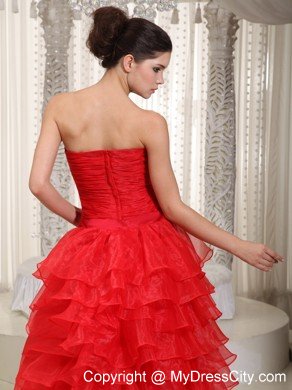 High-low Strapless Red Ruffles Organza Dress For Prom