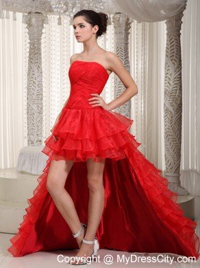 High-low Strapless Red Ruffles Organza Dress For Prom