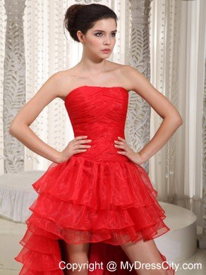 High-low Strapless Red Ruffles Organza Dress For Prom