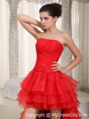 High-low Strapless Red Ruffles Organza Dress For Prom