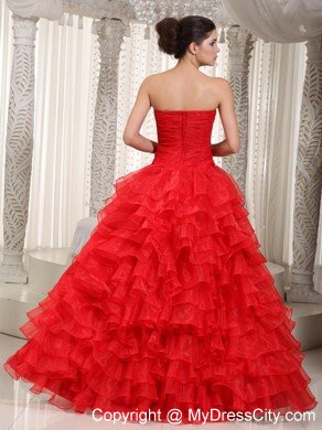 High-low Strapless Red Ruffles Organza Dress For Prom