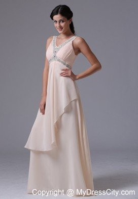 Lovely Cream Colored V-neck 2013 Prom Dress With Beading