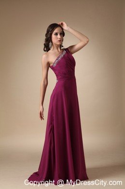 Burgundy One Shoulder Chiffon Prom Dress with Cutout Back