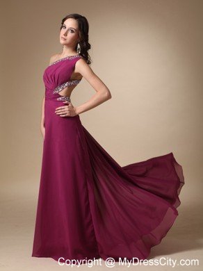 Burgundy One Shoulder Chiffon Prom Dress with Cutout Back