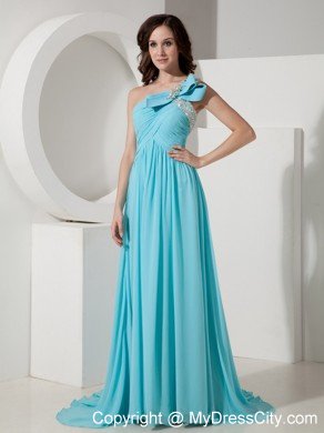 Aqua Empire One Shoulder Prom Dress with Chiffon Beading