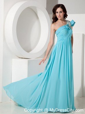 Aqua Empire One Shoulder Prom Dress with Chiffon Beading