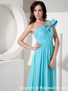 Aqua Empire One Shoulder Prom Dress with Chiffon Beading