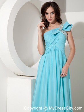 Aqua Empire One Shoulder Prom Dress with Chiffon Beading